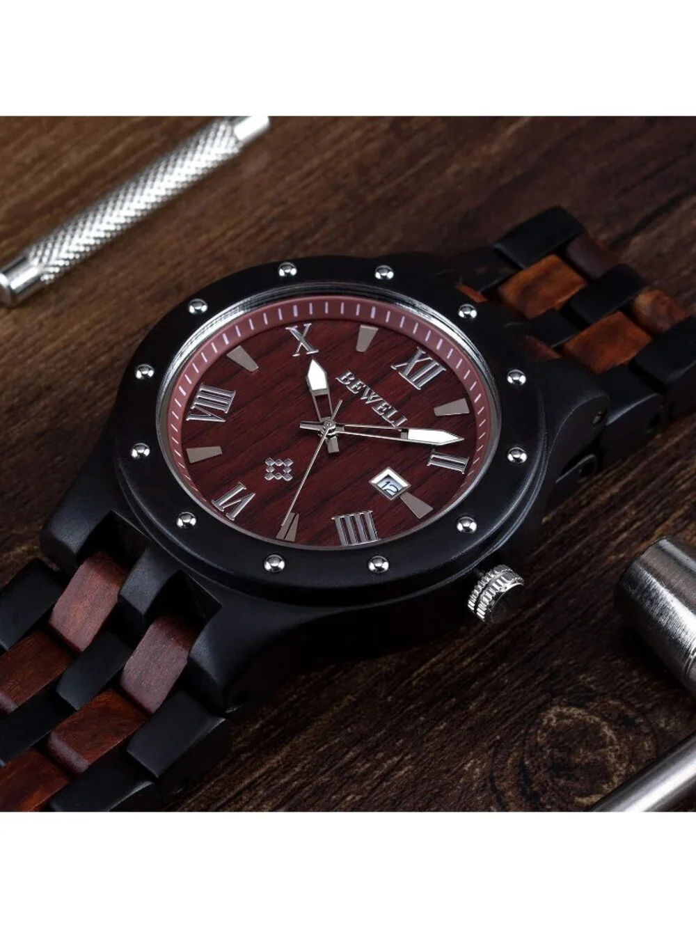 Men's Black Red Handmade Date Display Analog Quartz Luminous Wrist Wooden Watch
